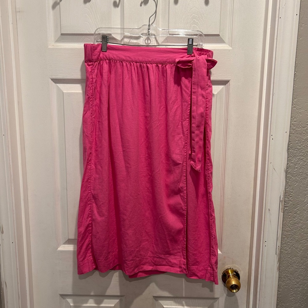 A New Day Hot Pink Linen Blend Wrap Midi‎ Skirt Large Fuchsia Elastic Waist Tie